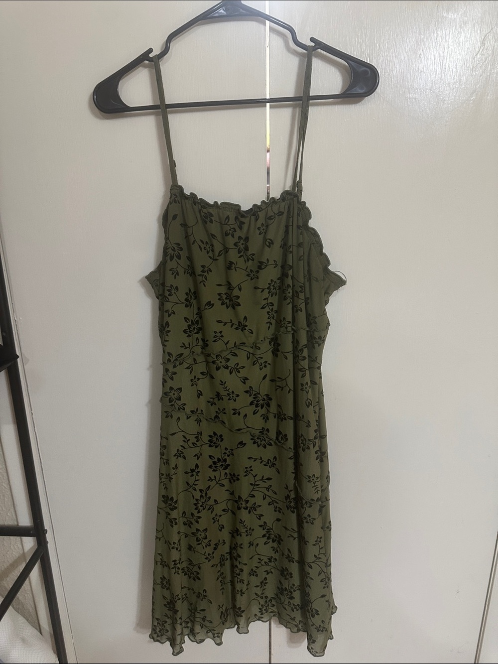 Olive Green Floral Slip Dress with Ruffle Trim